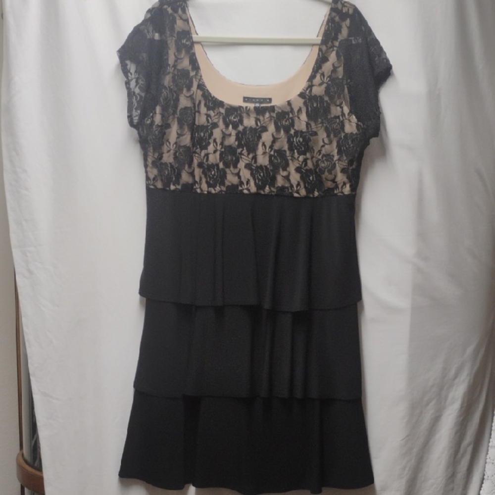 Tiana B. Black Lace Tiered Dress with Nude Underlay